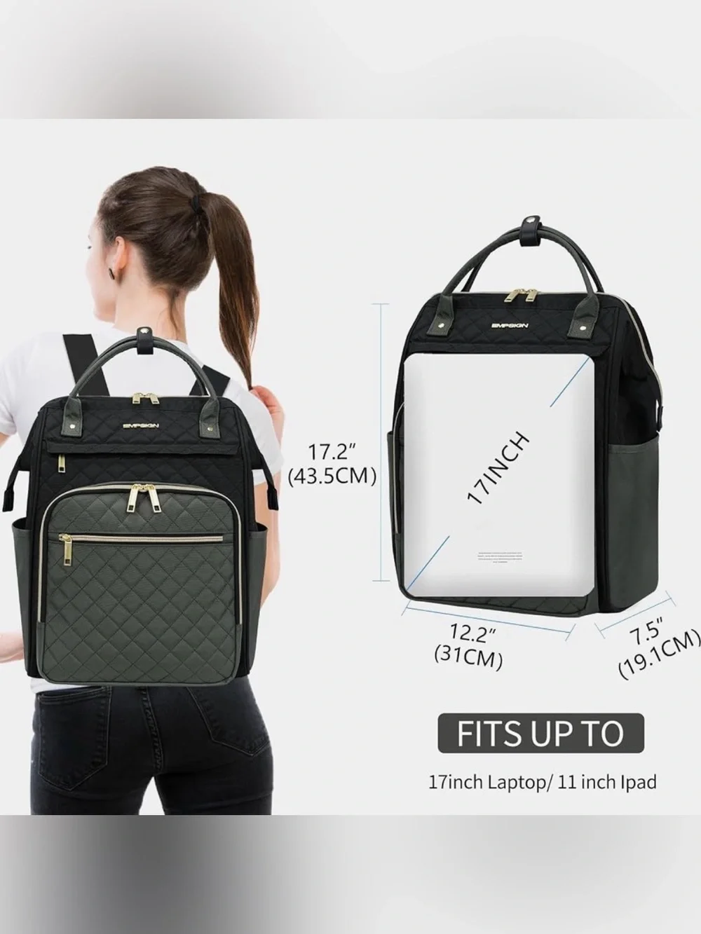 EMPSIGN 17 Inch Laptop Backpack for Women, Black-Army Green - NWT